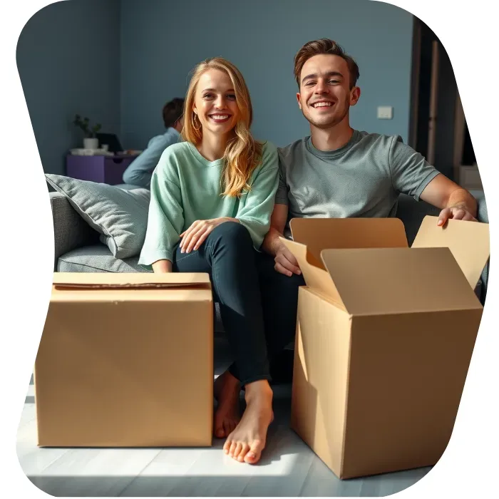 Two guys sitting on the floor of their apartment with Muval moving boxes